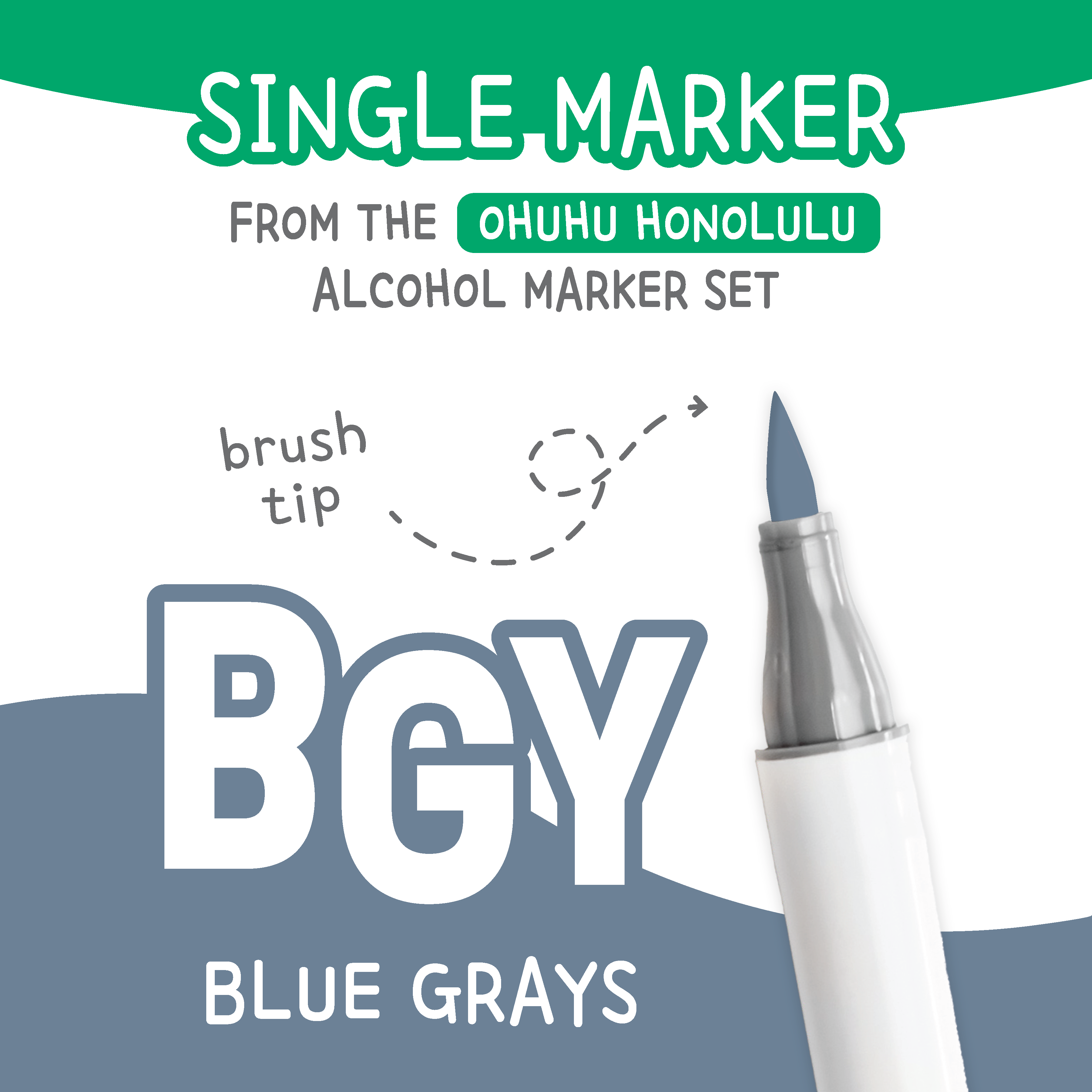 Ohuhu Honolulu Blue Greys (BGY) color chart showing all single replacement markers in the family