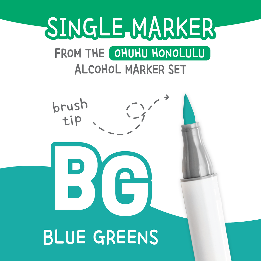 Ohuhu Honolulu Blue Greens (BG) color chart showing all single replacement markers in the family