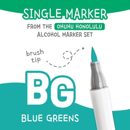 Ohuhu Honolulu Blue Greens (BG) color chart showing all single replacement markers in the family