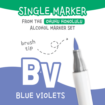 Ohuhu Honolulu Blue Violets (BV) color chart showing all single replacement markers in the family