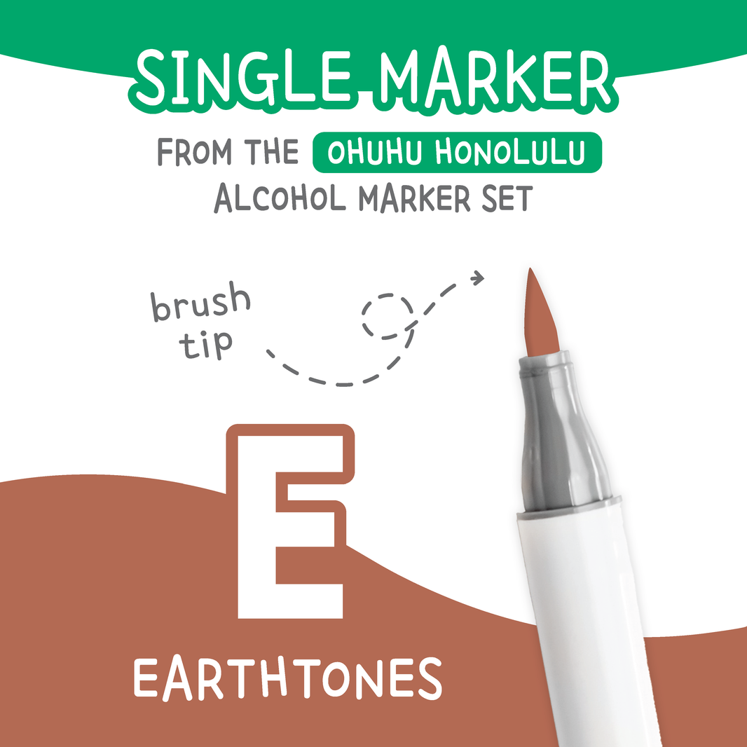 Ohuhu Honolulu Earthtones (E) color chart showing all single replacement markers in the family