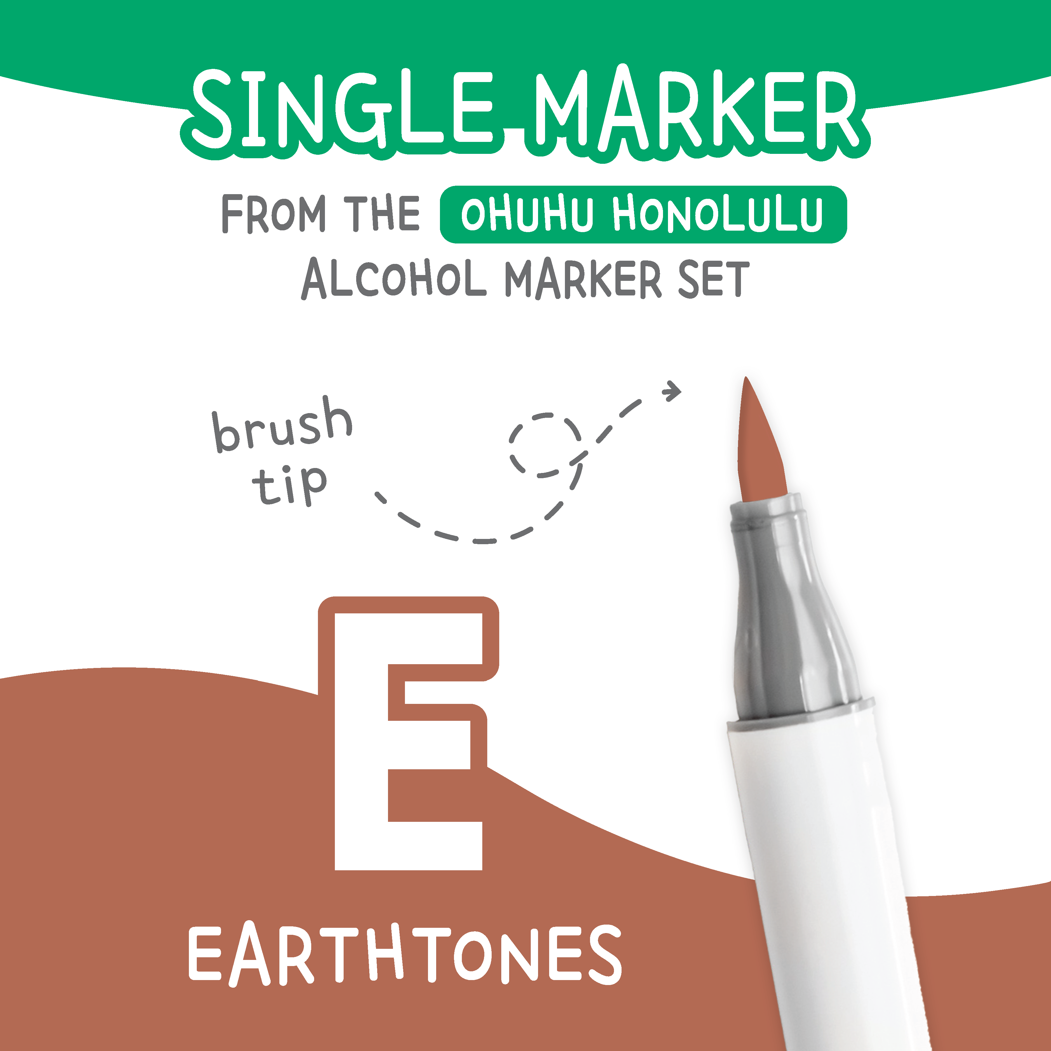 Ohuhu Honolulu Earthtones (E) color chart showing all single replacement markers in the family
