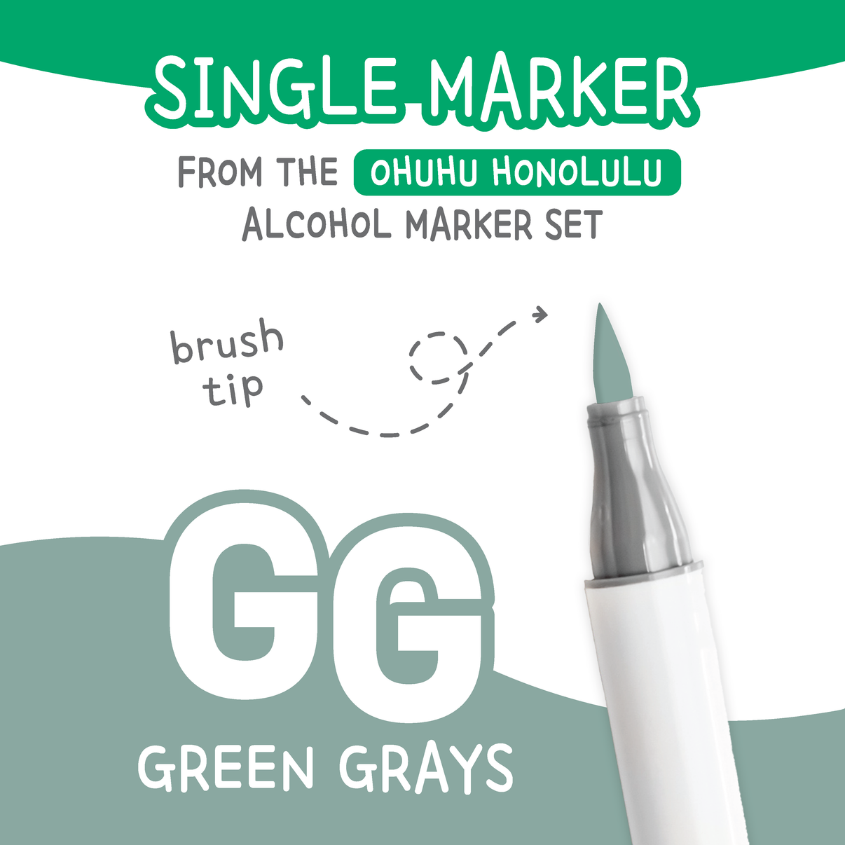 Ohuhu Honolulu Green Greys (GG) color chart showing all single replacement markers in the family