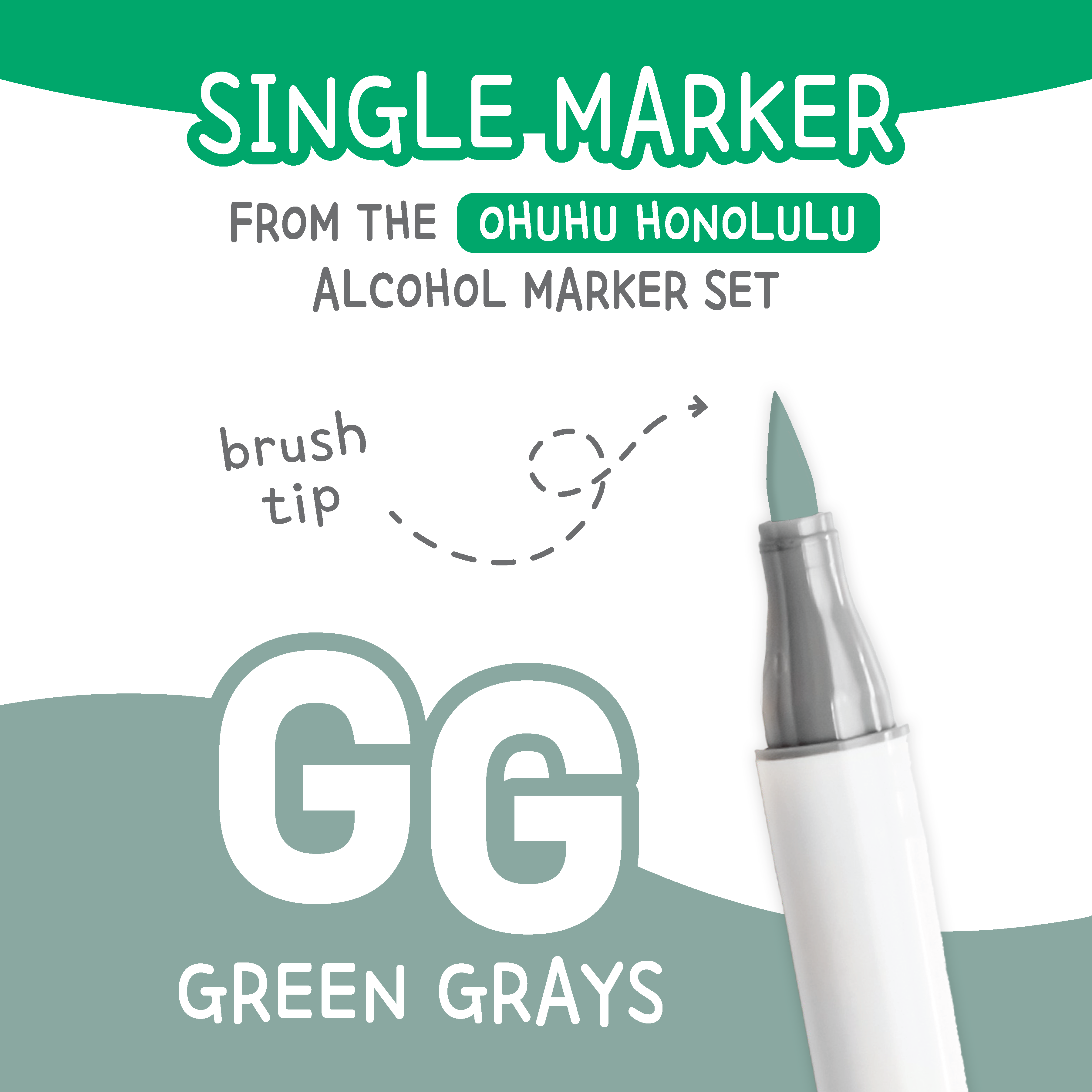 Ohuhu Honolulu Green Greys (GG) color chart showing all single replacement markers in the family