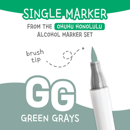Ohuhu Honolulu Green Greys (GG) color chart showing all single replacement markers in the family