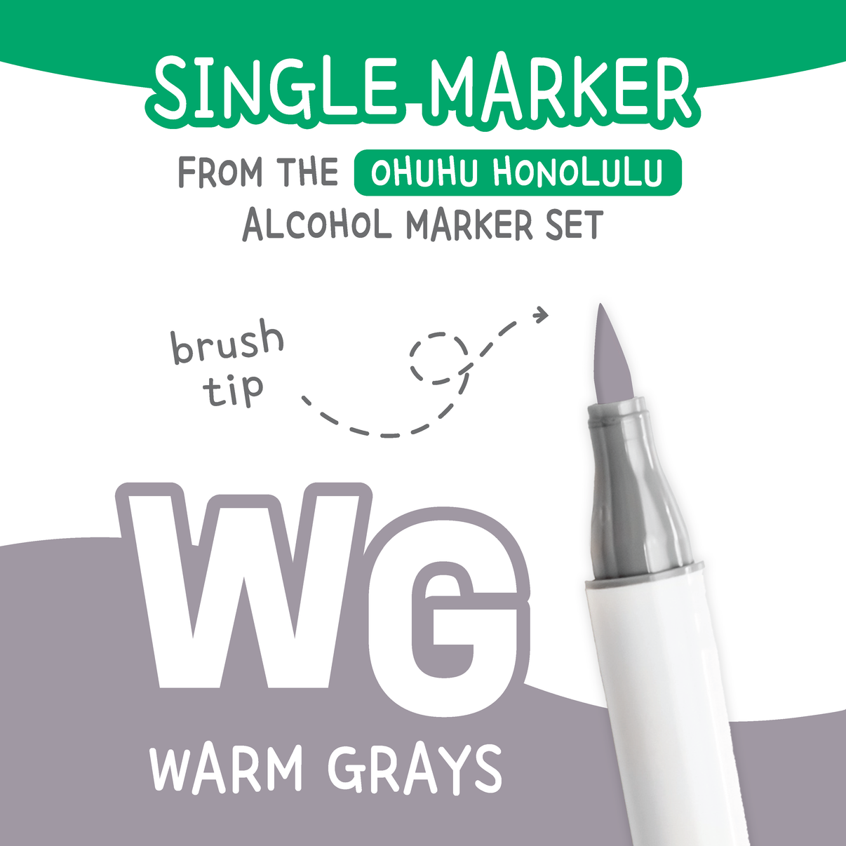 Ohuhu Honolulu Warm Greys (WG) color chart showing all single replacement markers in the family