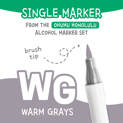 Ohuhu Honolulu Warm Greys (WG) color chart showing all single replacement markers in the family
