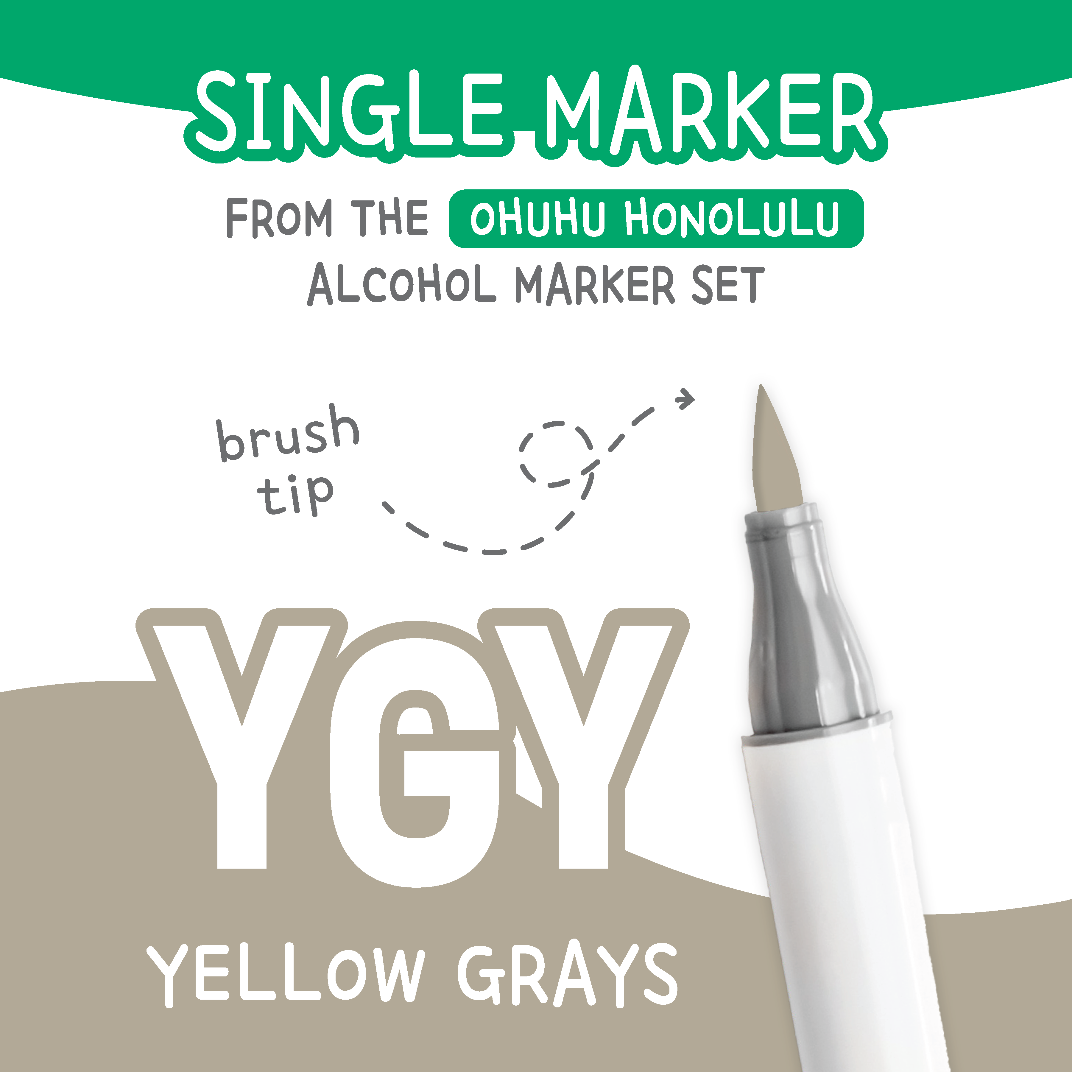 Ohuhu Honolulu Yellow Greys (YGY) color chart showing all single replacement markers in the family