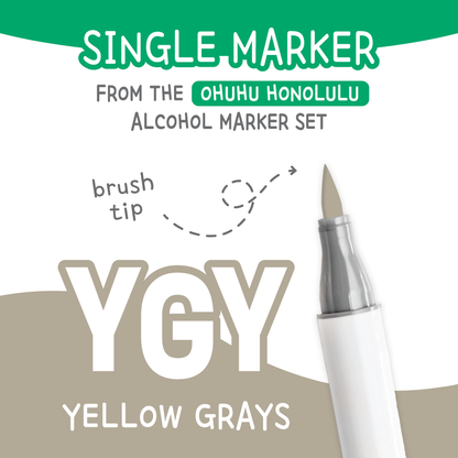 Ohuhu Honolulu Yellow Greys (YGY) color chart showing all single replacement markers in the family