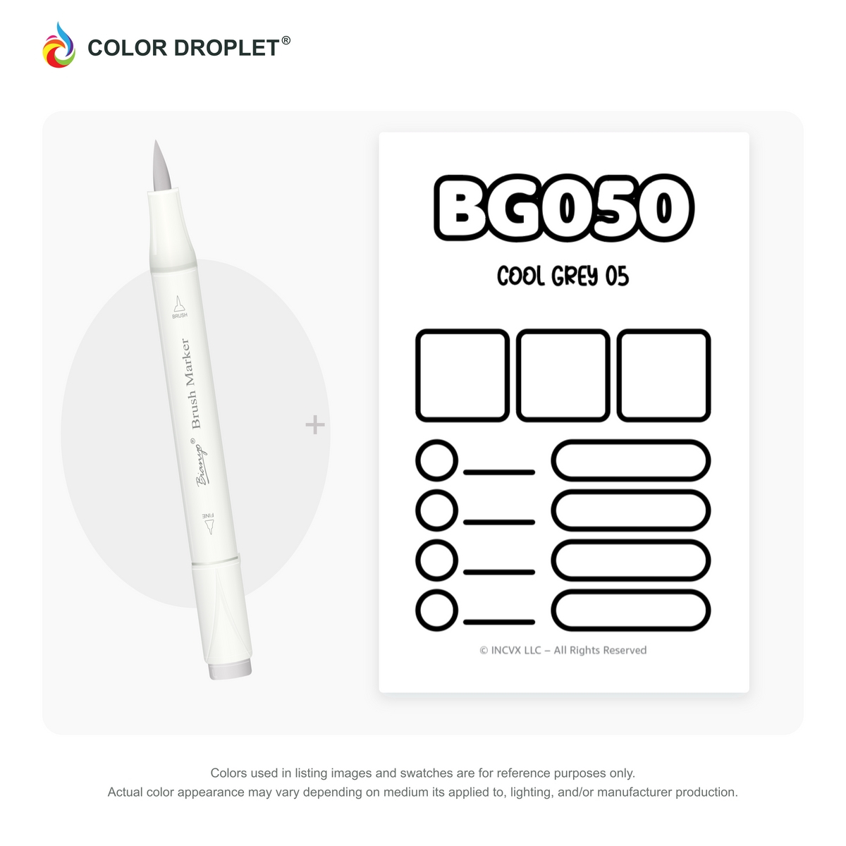 Bianyo BG050 Cool Grey 05 example marker, with matching nib and cap, beside its custom Color Droplet swatch card.