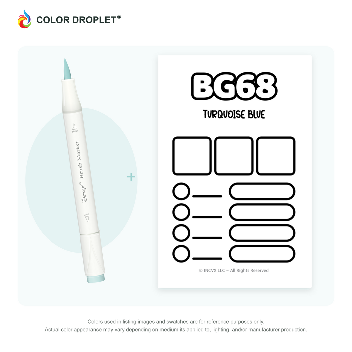Bianyo BG68 Turquoise Blue example marker, with matching nib and cap, beside its custom Color Droplet swatch card.