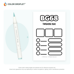 Bianyo BG68 Turquoise Blue example marker, with matching nib and cap, beside its custom Color Droplet swatch card.