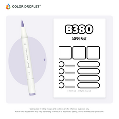 Bianyo B380 Capri Blue example marker, with matching nib and cap, beside its custom Color Droplet swatch card.