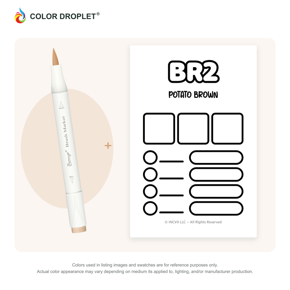 Bianyo BR2 Potato Brown example marker, with matching nib and cap, beside its custom Color Droplet swatch card.