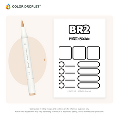 Bianyo BR2 Potato Brown example marker, with matching nib and cap, beside its custom Color Droplet swatch card.