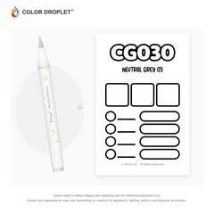 Bianyo CG030 Neutral Grey 03 example marker, with matching nib and cap, beside its custom Color Droplet swatch card.