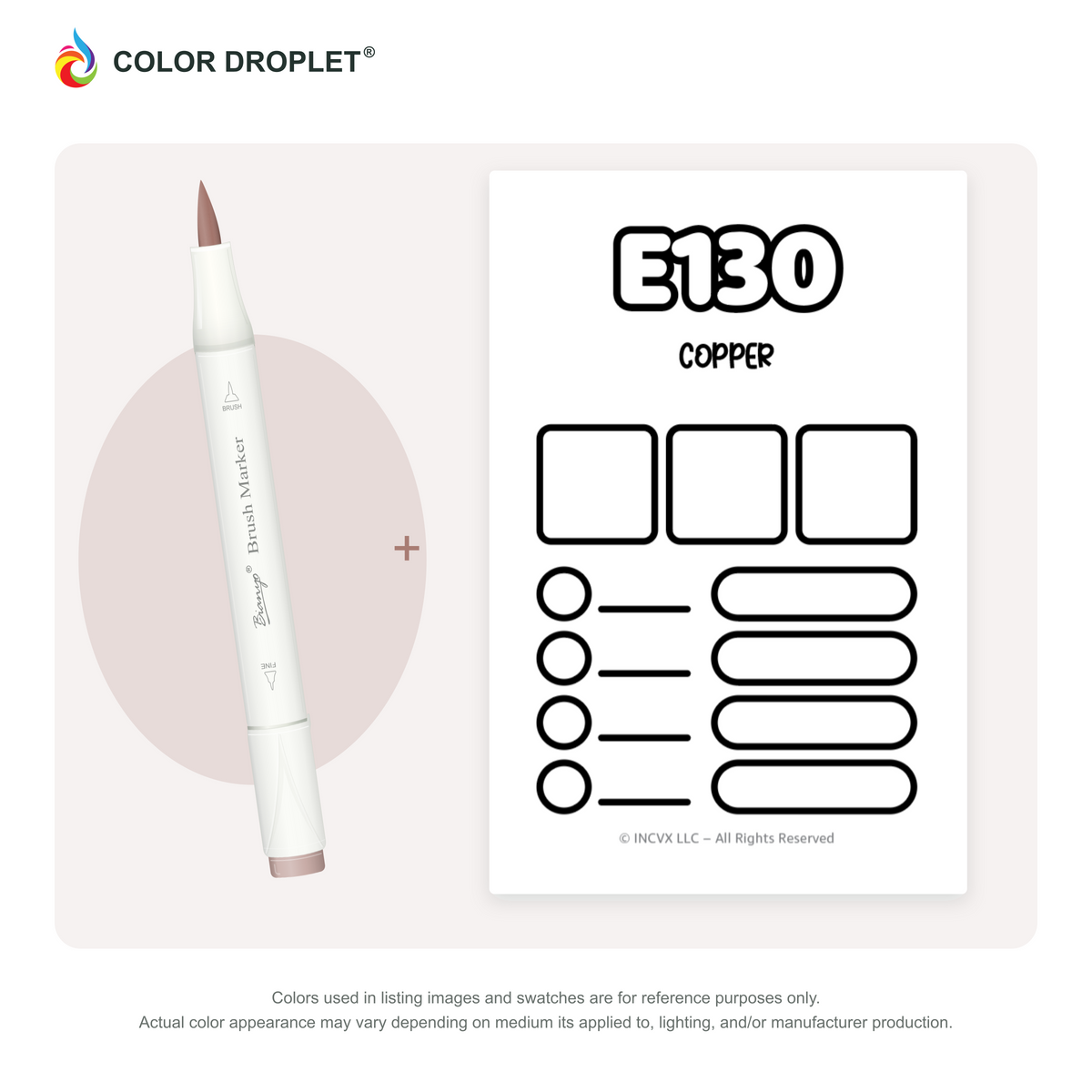 Bianyo E130 Copper example marker, with matching nib and cap, beside its custom Color Droplet swatch card.