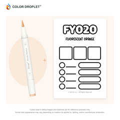 Bianyo FY020 Fluorescent Orange example marker, with matching nib and cap, beside its custom Color Droplet swatch card.
