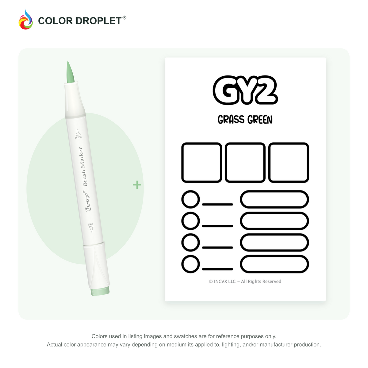 Bianyo GY2 Grass Green example marker, with matching nib and cap, beside its custom Color Droplet swatch card.