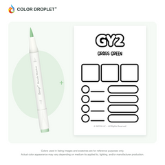 Bianyo GY2 Grass Green example marker, with matching nib and cap, beside its custom Color Droplet swatch card.
