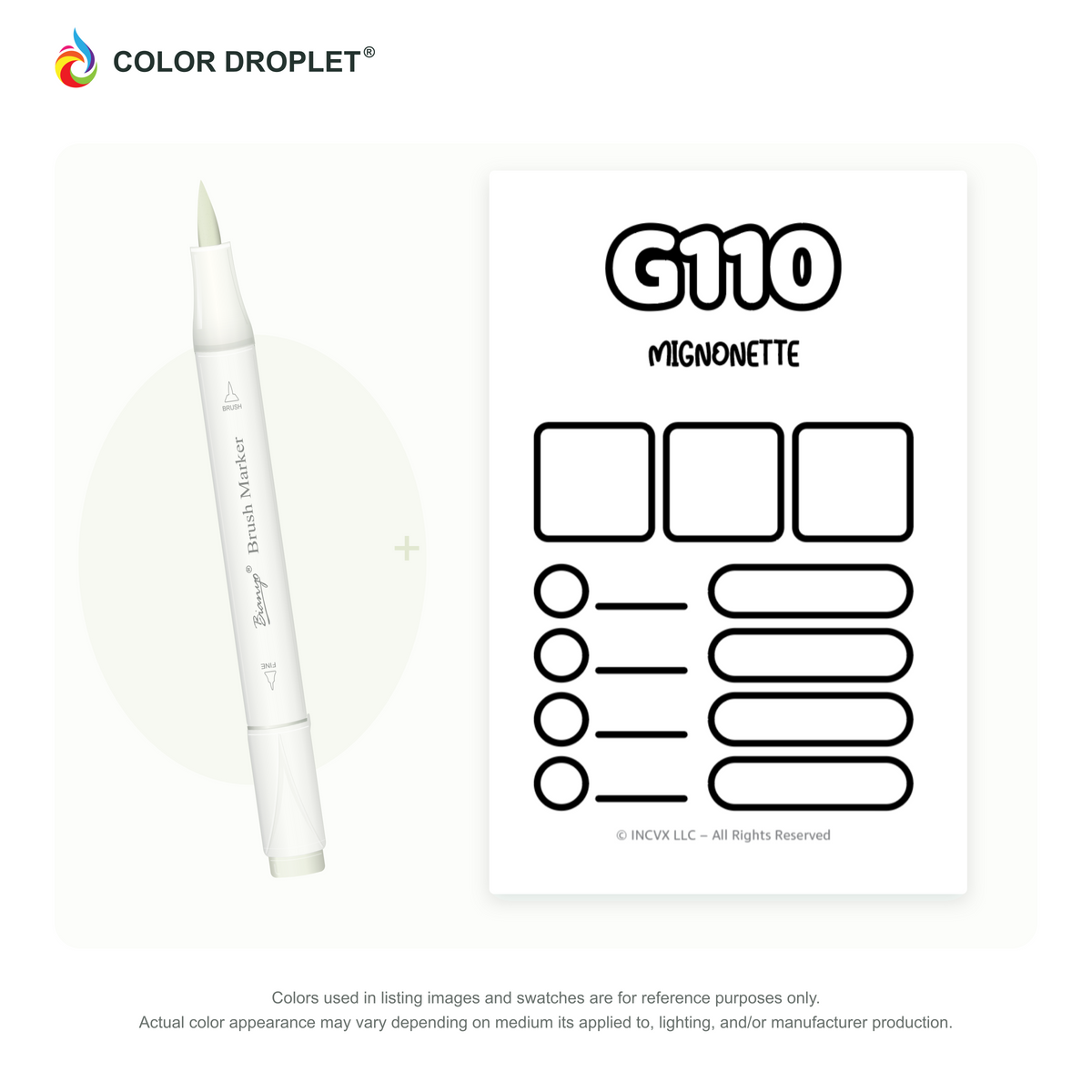 Bianyo G110 Mignonette example marker, with matching nib and cap, beside its custom Color Droplet swatch card.
