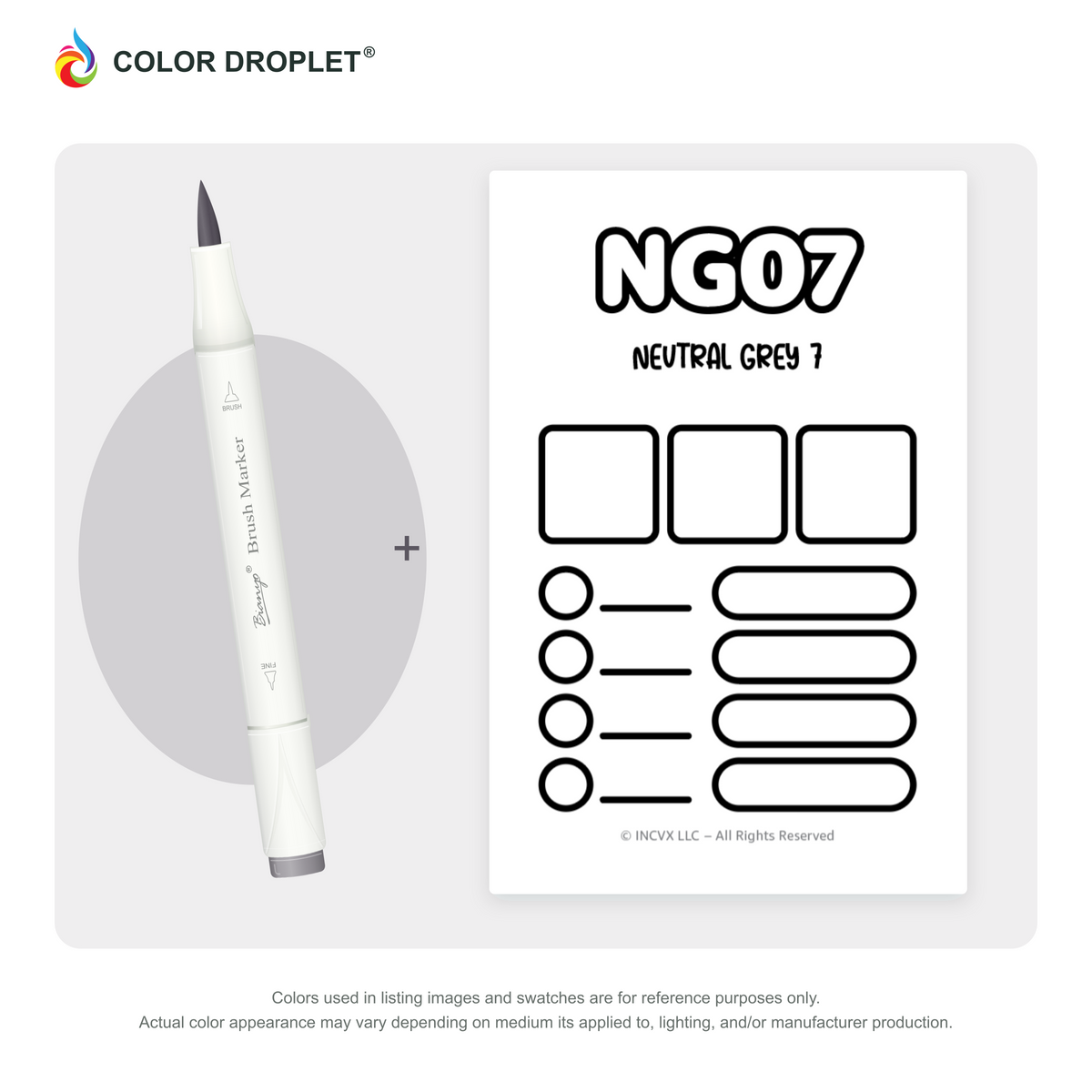 Bianyo NG07 Neutral Grey 7 example marker, with matching nib and cap, beside its custom Color Droplet swatch card.