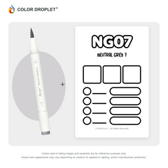 Bianyo NG07 Neutral Grey 7 example marker, with matching nib and cap, beside its custom Color Droplet swatch card.