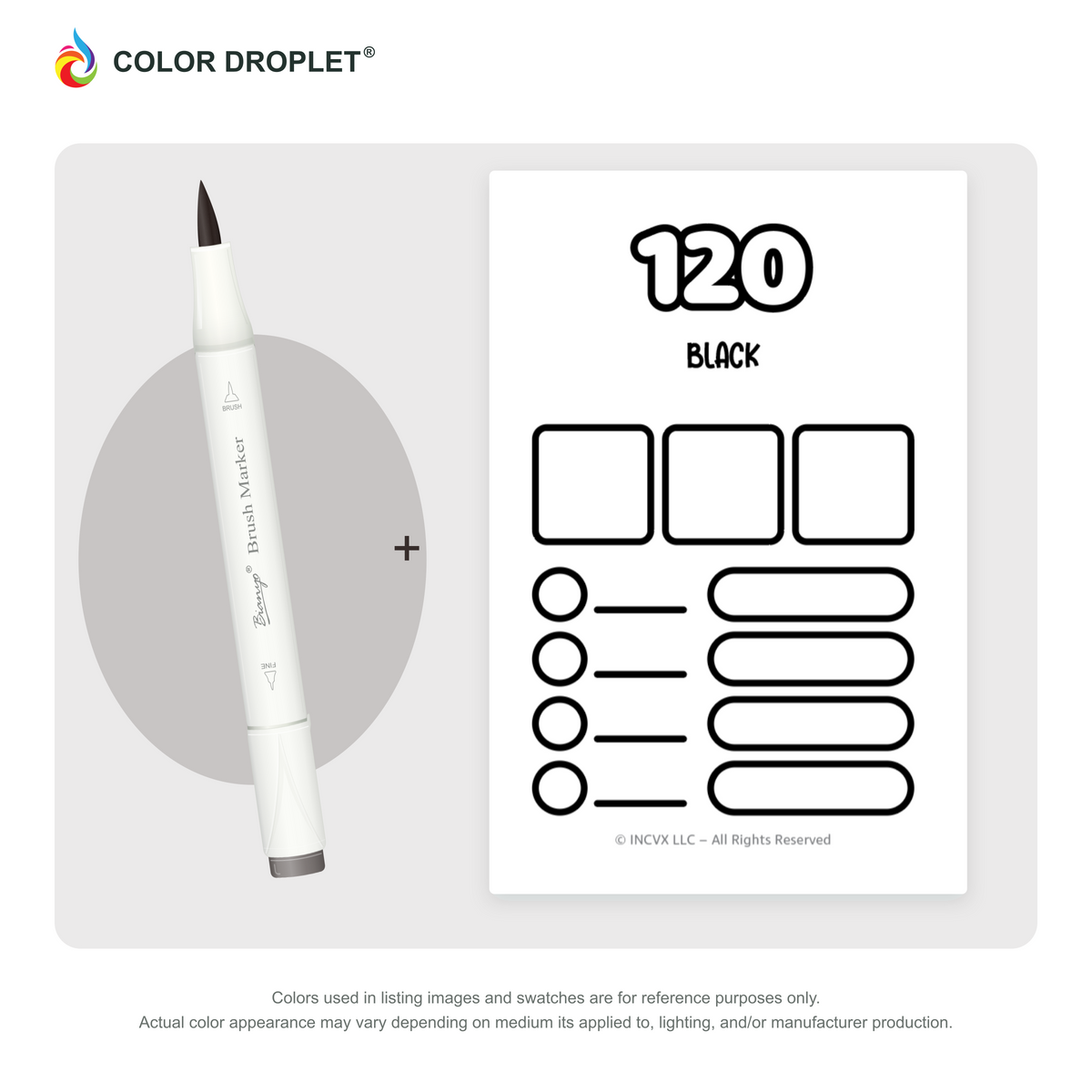 Bianyo 120 Black example marker, with matching nib and cap, beside its custom Color Droplet swatch card.