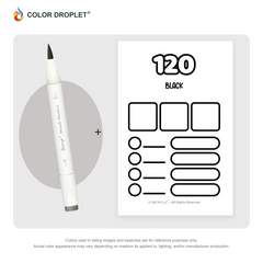 Bianyo 120 Black example marker, with matching nib and cap, beside its custom Color Droplet swatch card.