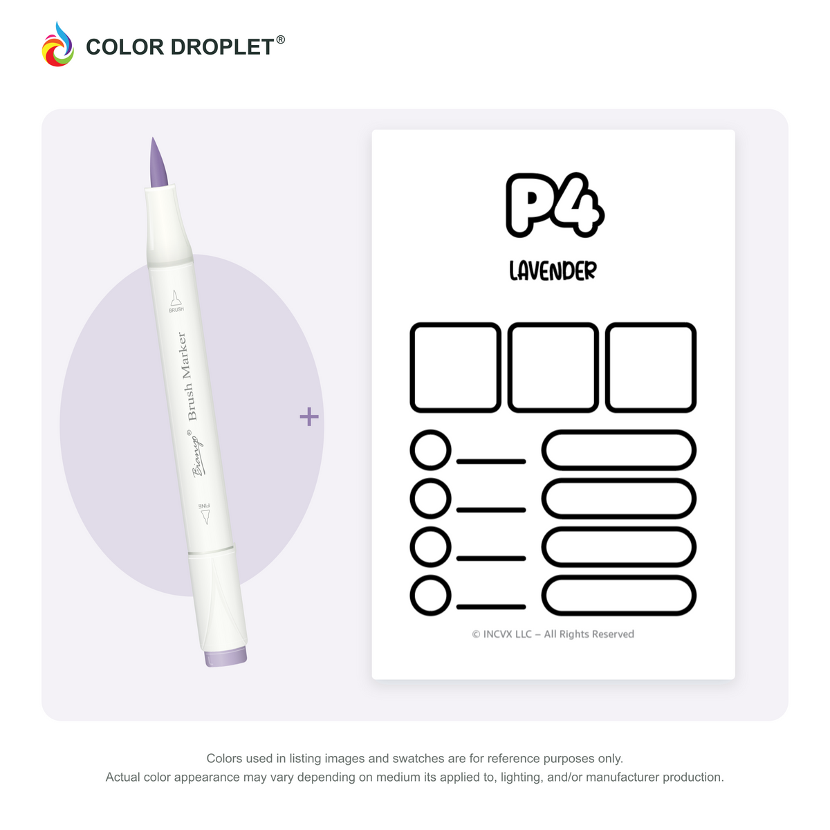 Bianyo P4 Lavender example marker, with matching nib and cap, beside its custom Color Droplet swatch card.