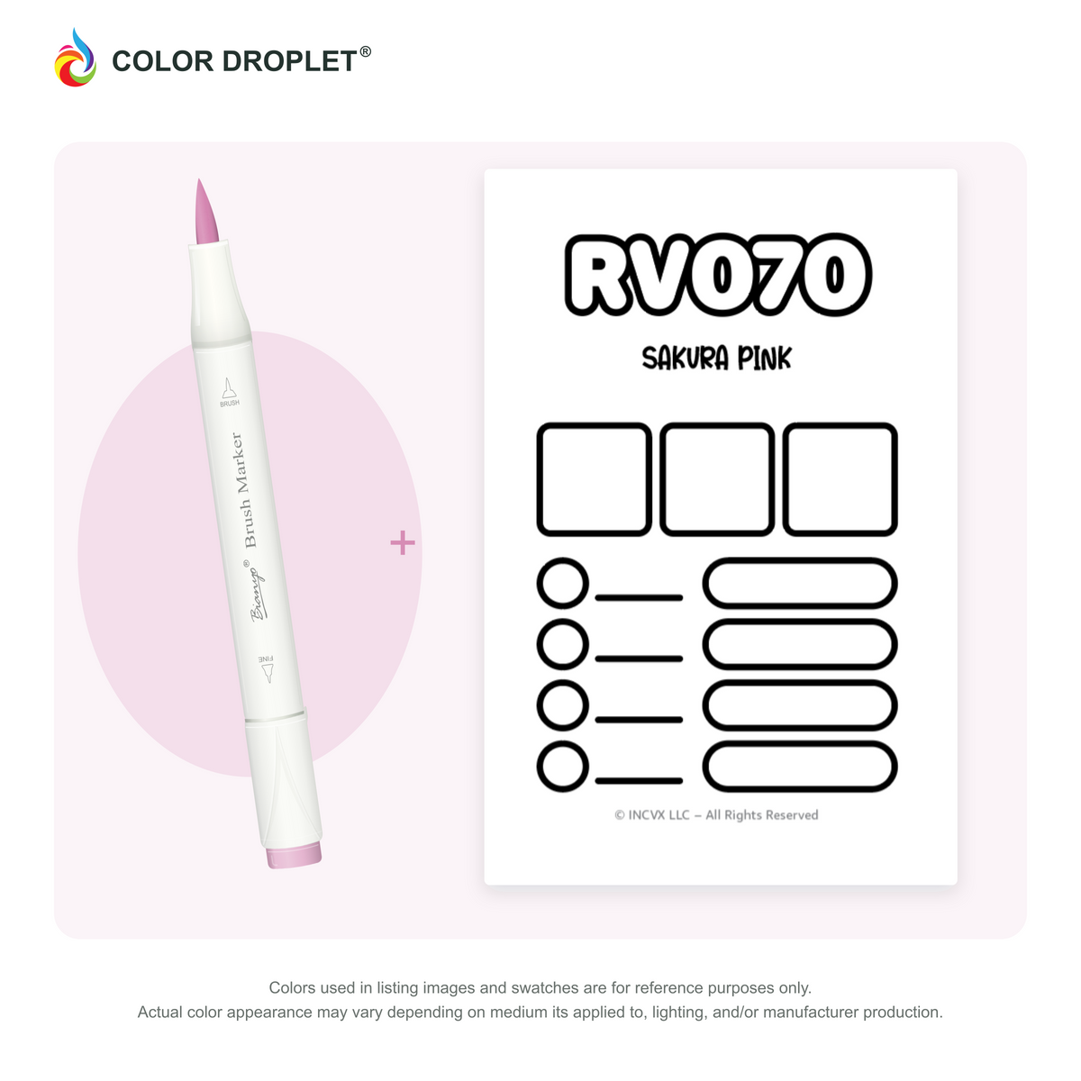 Bianyo RV070 Sakura Pink example marker, with matching nib and cap, beside its custom Color Droplet swatch card.