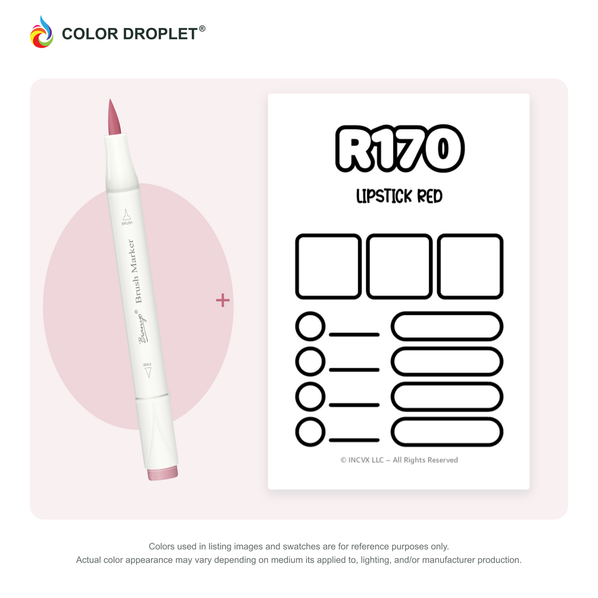 Bianyo R170 Lipstick Red example marker, with matching nib and cap, beside its custom Color Droplet swatch card.