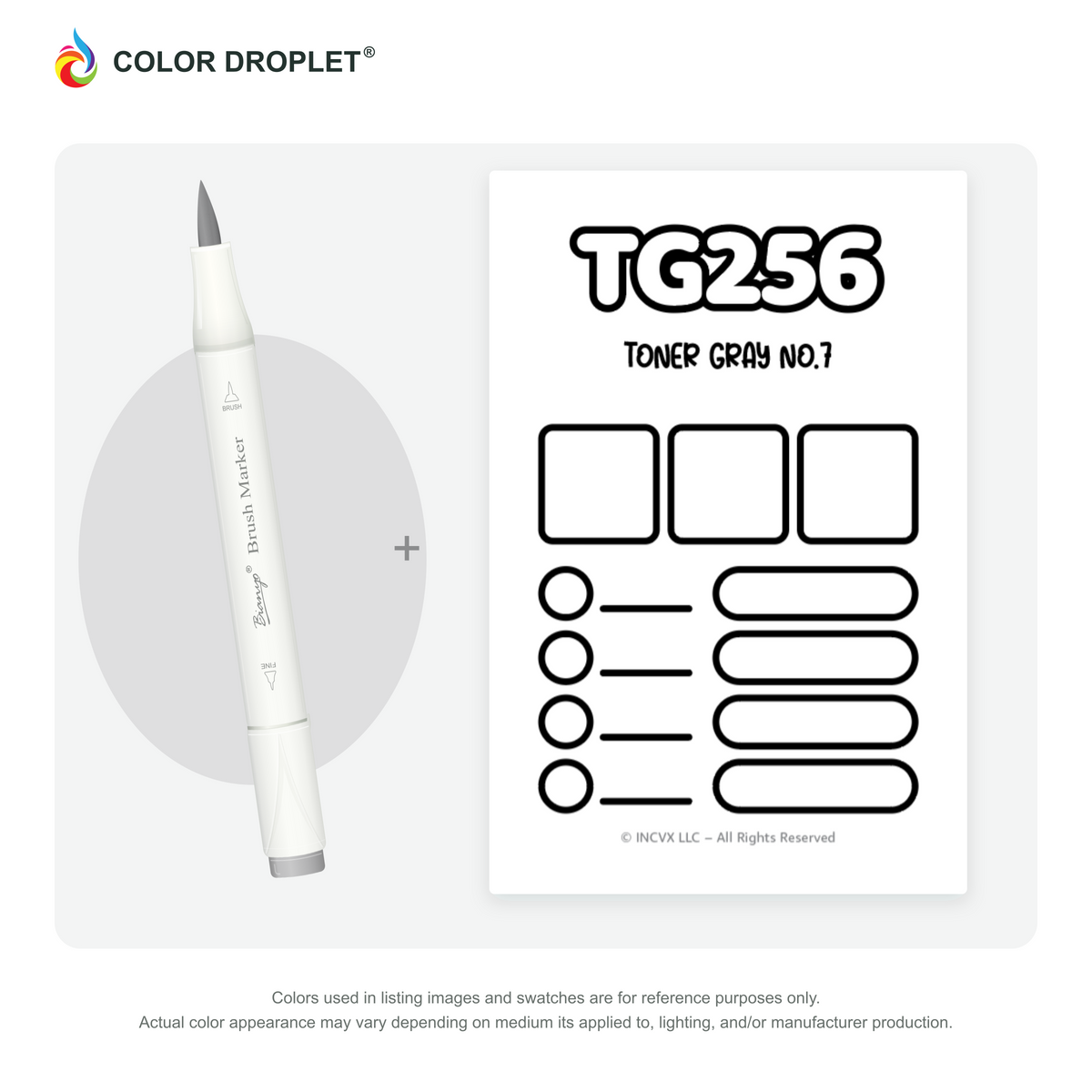 Bianyo TG256 Toner Gray No.7 example marker, with matching nib and cap, beside its custom Color Droplet swatch card.