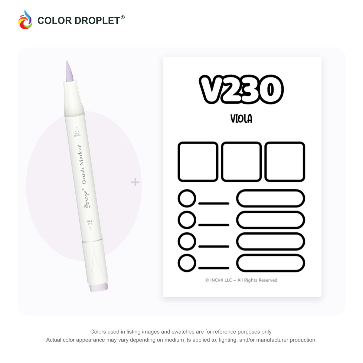 Bianyo V230 Viola example marker, with matching nib and cap, beside its custom Color Droplet swatch card.