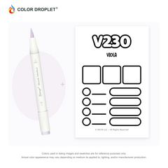 Bianyo V230 Viola example marker, with matching nib and cap, beside its custom Color Droplet swatch card.
