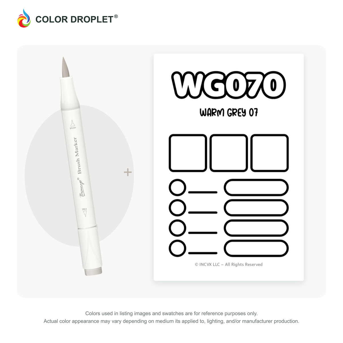 Bianyo WG070 Warm Grey 07 example marker, with matching nib and cap, beside its custom Color Droplet swatch card.