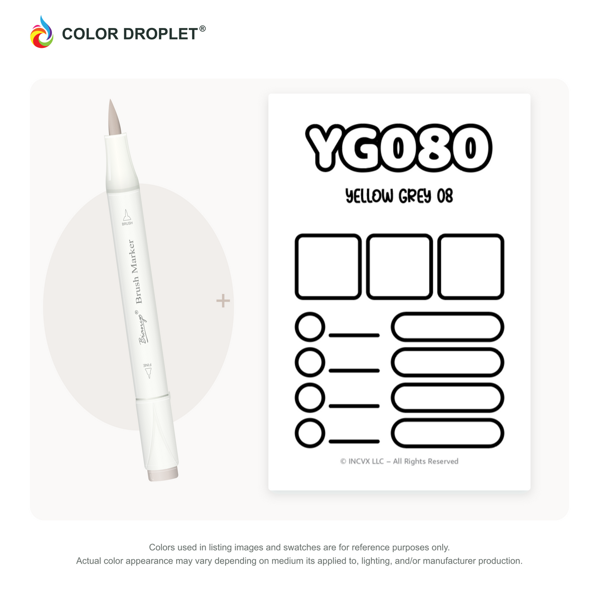 Bianyo YG080 Yellow Grey 08 example marker, with matching nib and cap, beside its custom Color Droplet swatch card.