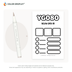 Bianyo YG080 Yellow Grey 08 example marker, with matching nib and cap, beside its custom Color Droplet swatch card.