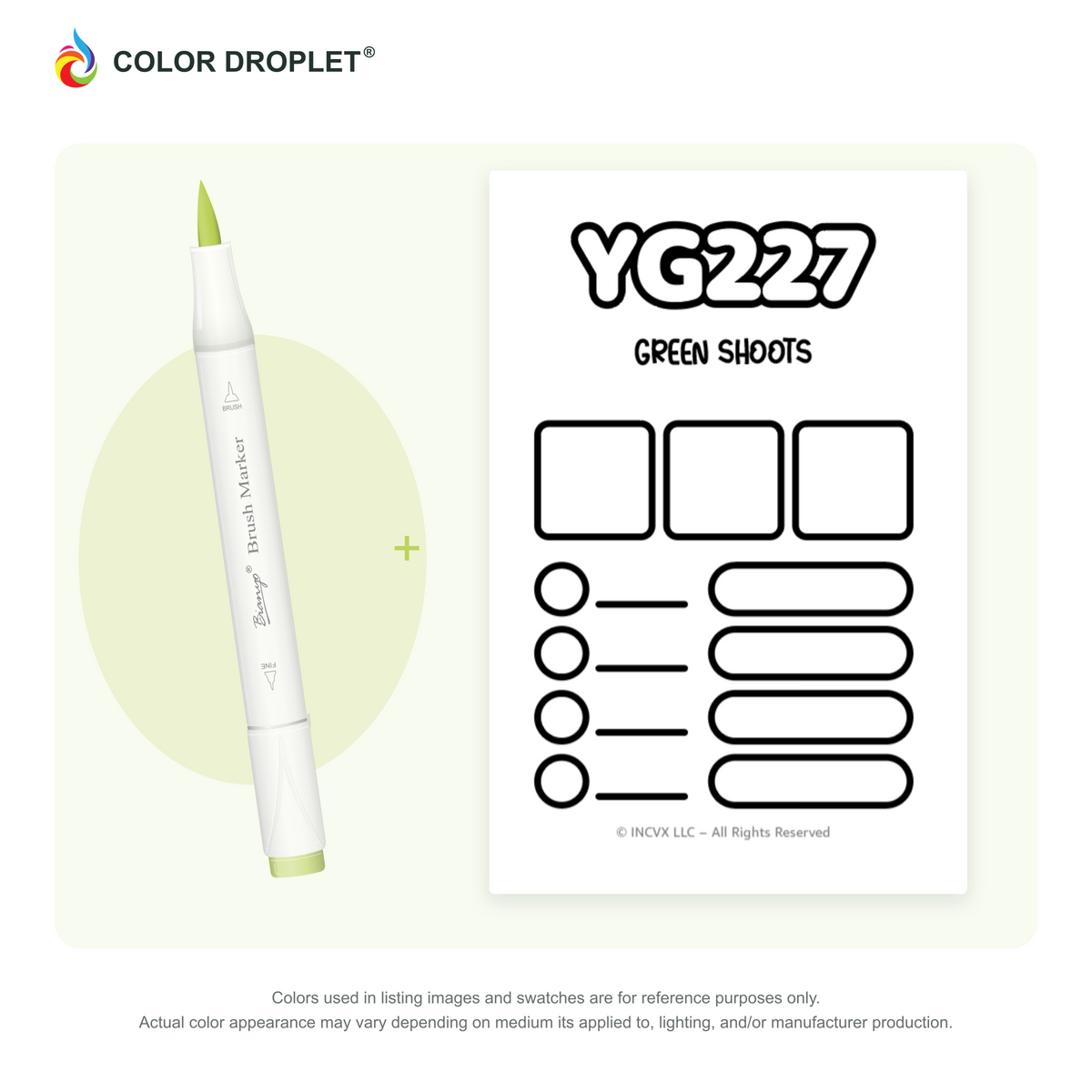 Bianyo YG227 Green Shoots example marker, with matching nib and cap, beside its custom Color Droplet swatch card.