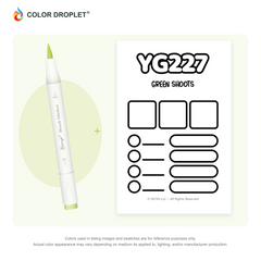 Bianyo YG227 Green Shoots example marker, with matching nib and cap, beside its custom Color Droplet swatch card.