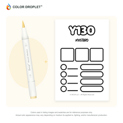 Bianyo Y130 Mustard example marker, with matching nib and cap, beside its custom Color Droplet swatch card.