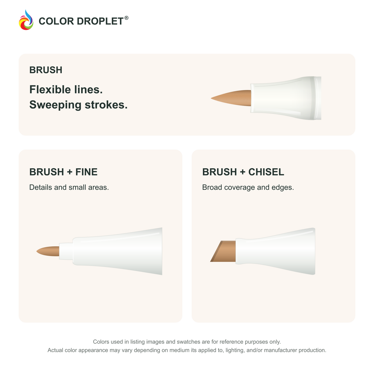 Bianyo brush, fine, and chisel tip illustrations colored to BR2 Potato Brown, showing the Brush + Fine and Brush + Chisel options.