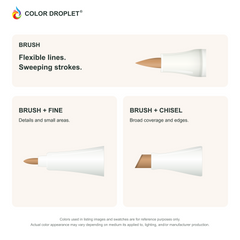 Bianyo brush, fine, and chisel tip illustrations colored to BR2 Potato Brown, showing the Brush + Fine and Brush + Chisel options.