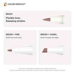 Bianyo brush, fine, and chisel tip illustrations colored to E130 Copper, showing the Brush + Fine and Brush + Chisel options.