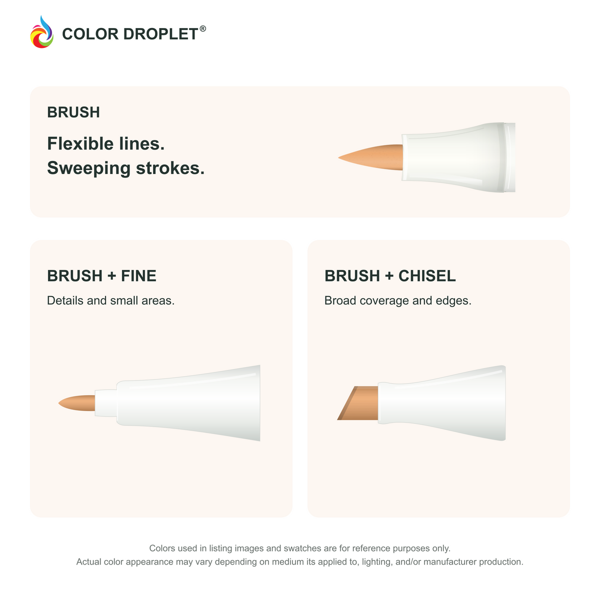 Bianyo brush, fine, and chisel tip illustrations colored to FY020 Fluorescent Orange, showing the Brush + Fine and Brush + Chisel options.
