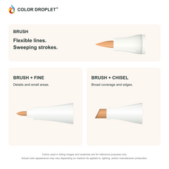 Bianyo brush, fine, and chisel tip illustrations colored to FY020 Fluorescent Orange, showing the Brush + Fine and Brush + Chisel options.