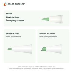 Bianyo brush, fine, and chisel tip illustrations colored to GY2 Grass Green, showing the Brush + Fine and Brush + Chisel options.
