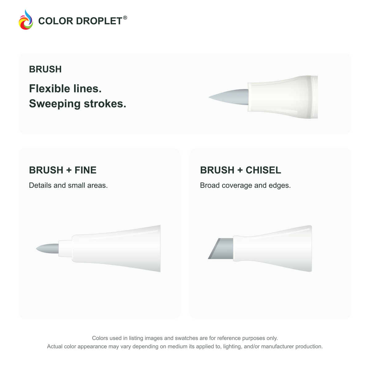 Bianyo brush, fine, and chisel tip illustrations colored to MG030 Blue Grey 03, showing the Brush + Fine and Brush + Chisel options.