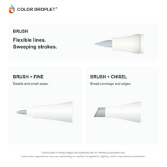 Bianyo brush, fine, and chisel tip illustrations colored to MG030 Blue Grey 03, showing the Brush + Fine and Brush + Chisel options.