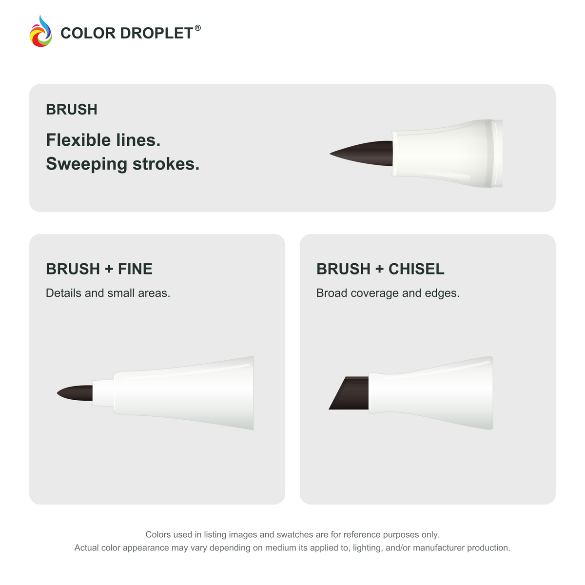 Bianyo brush, fine, and chisel tip illustrations colored to 120 Black, showing the Brush + Fine and Brush + Chisel options.